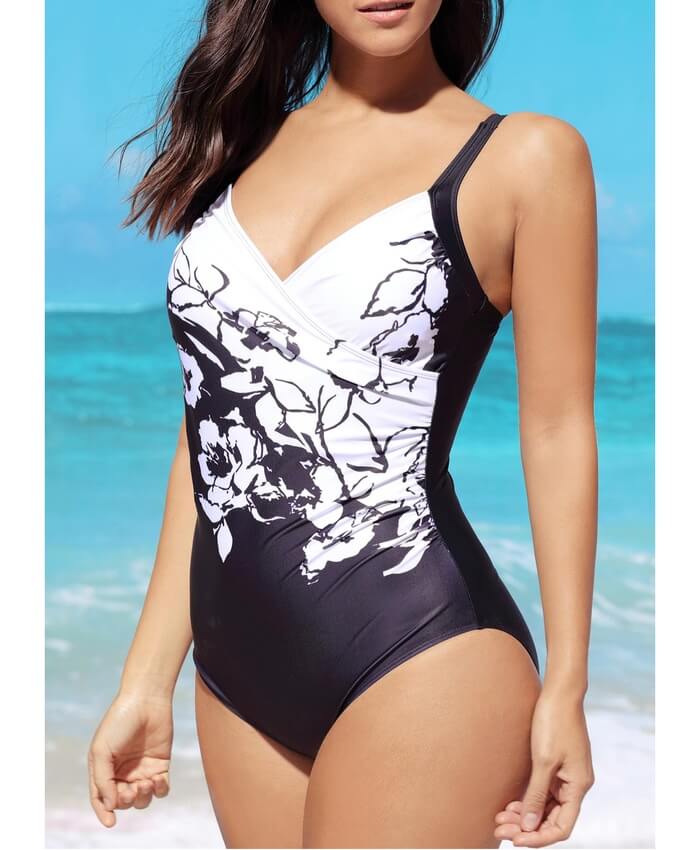 Flower Print Spaghetti Strap Black One Piece Swimwear